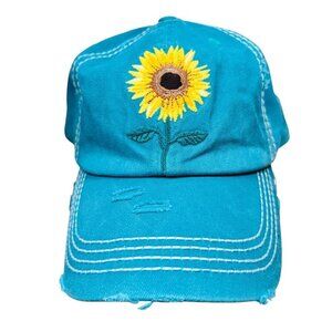 Sunflower Distressed Teal Cap Hat Adjustable Outdoors Hiking Jeep Beach
